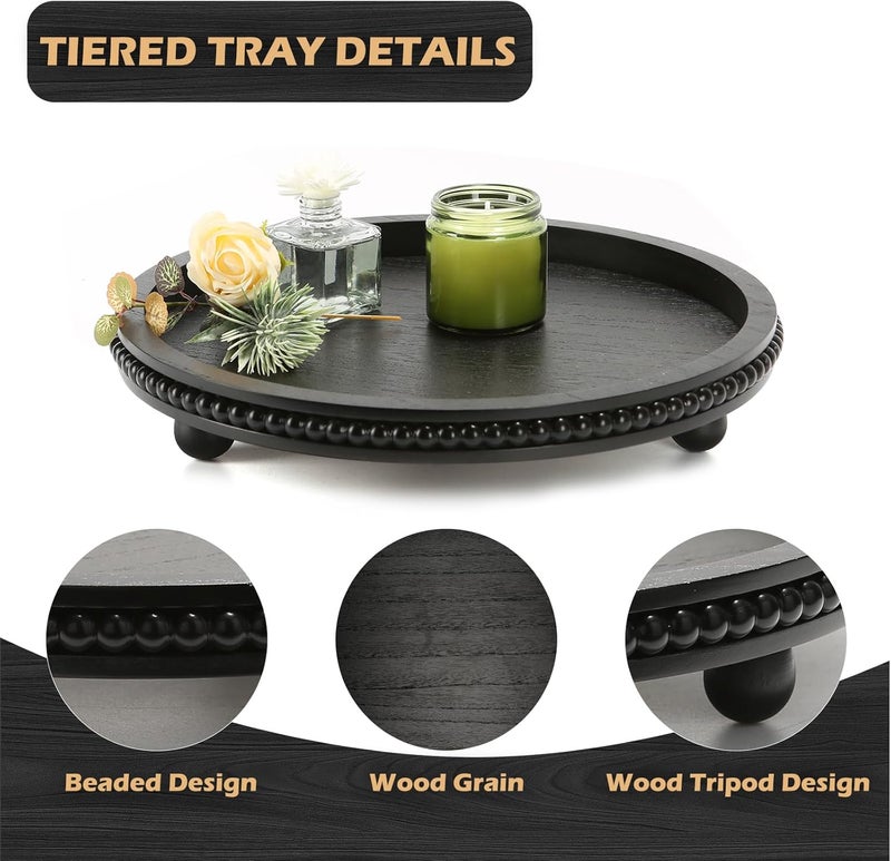 SYNCVIBE Wooden Beaded Decor Tray for Coffee Table, Rustic Wooden Trays Table Centerpieces, Decorative Trays for Home Decor Kitchen Table Farmhouse Serving Tray (Round Black) - Image 2